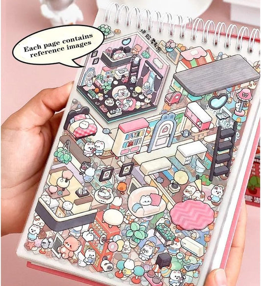 20 Sets 3D Sticker Therapy Scene Material Book,DIY 3D House Stickers Set for Adults,Rich Collection of 3D Space Stickers and Storage Spiral Notebook,Room Stickeer Book for Adults Kids