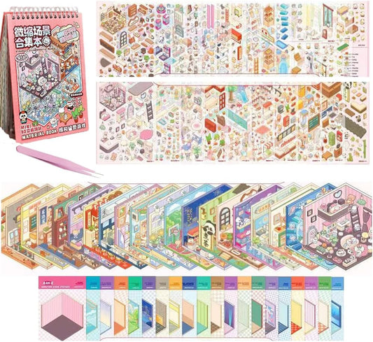 20 Sets 3D Sticker Therapy Scene Material Book,DIY 3D House Stickers Set for Adults,Rich Collection of 3D Space Stickers and Storage Spiral Notebook,Room Stickeer Book for Adults Kids
