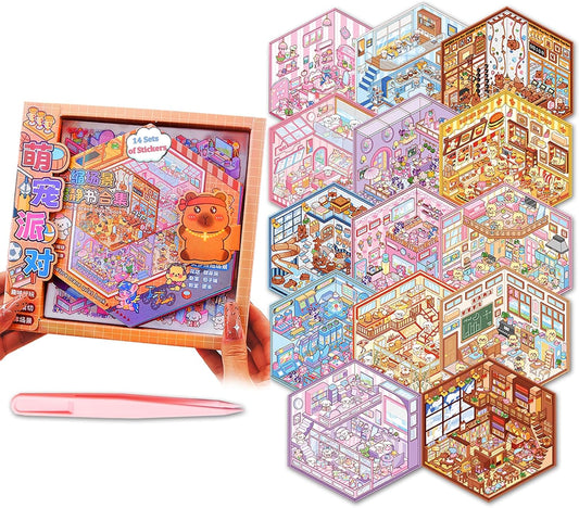 3D Scene Sticker Books for Kids,14 Sets of Sticker Scenes Reusable and Waterproof Stickers Book Adults Stickers Therapy 3D Scenes Relief Stress Pass The Time (Gift Box Packaging)