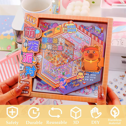 3D Scene Sticker Books for Kids,14 Sets of Sticker Scenes Reusable and Waterproof Stickers Book Adults Stickers Therapy 3D Scenes Relief Stress Pass The Time (Gift Box Packaging)