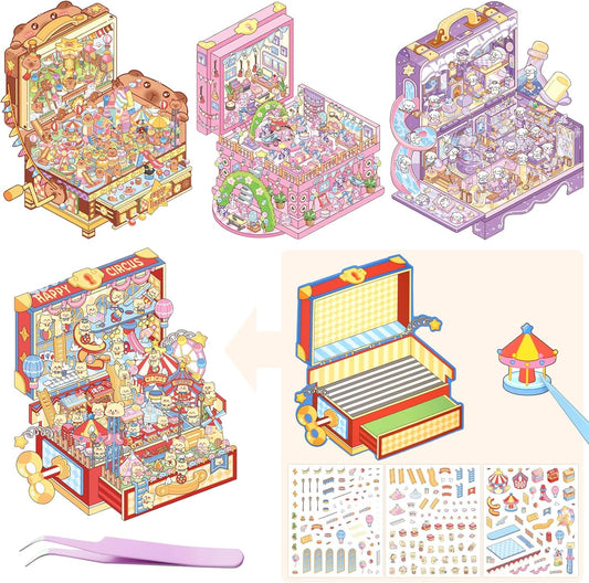 4 Sets DIY 3D Stickers Scene for Adults Teen, Sticker Therapy 3D House Isometric Stickers Room, Make Your OwnStickers, Crafts Party Favors Goodie Bags Stuffer