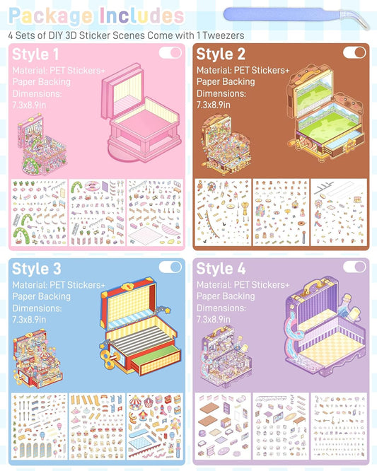 4 Sets DIY 3D Stickers Scene for Adults Teen, Sticker Therapy 3D House Isometric Stickers Room, Make Your OwnStickers, Crafts Party Favors Goodie Bags Stuffer